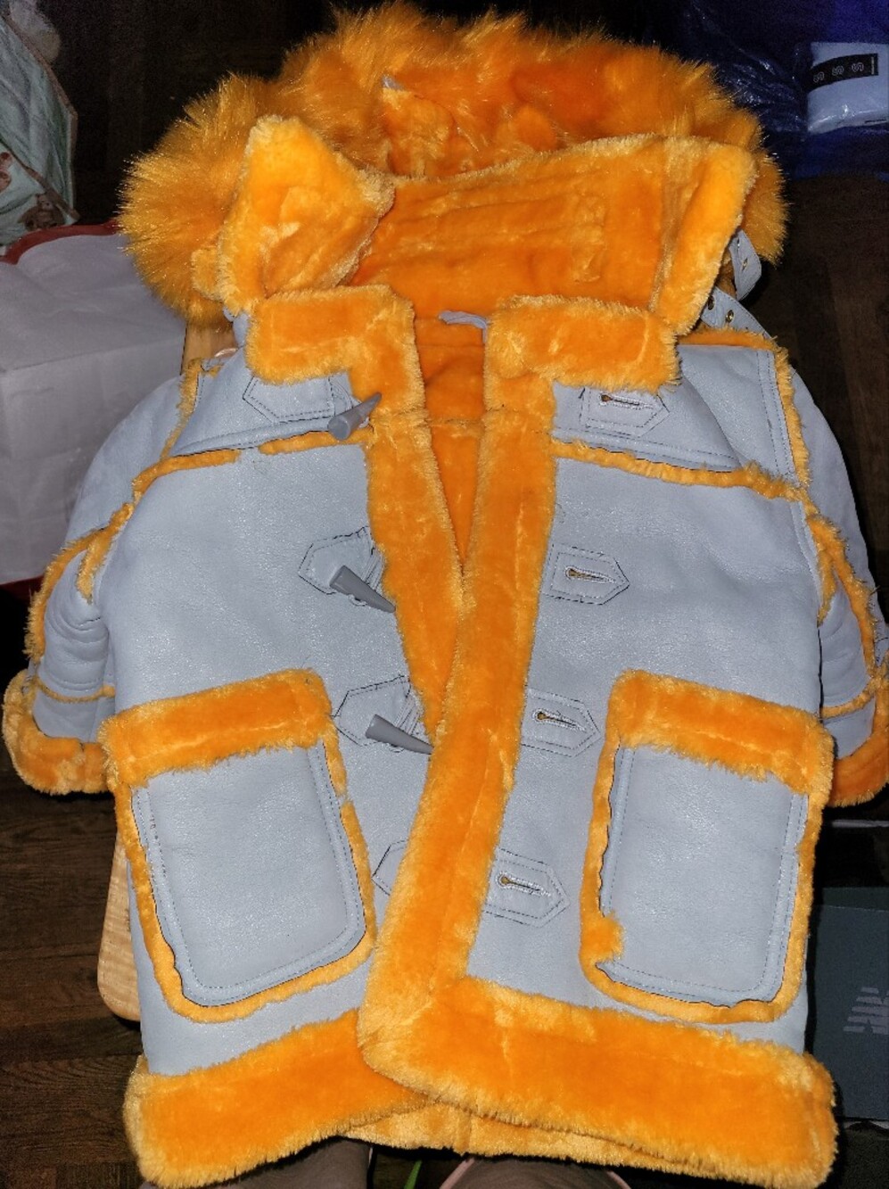 Kids Gray and Orange Faux Shearling Toggle Coat